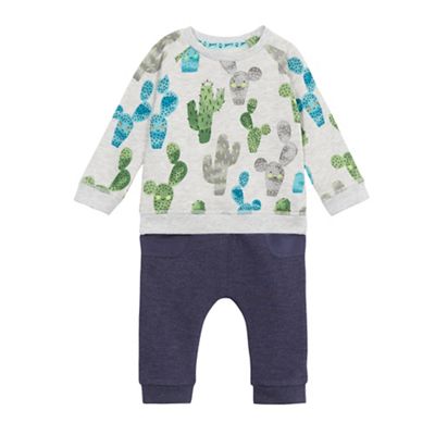 Mantaray Baby boys' grey cactus print sweater and navy jogging bottoms set